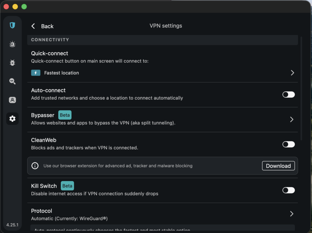 ajustes de Surfshark VPN