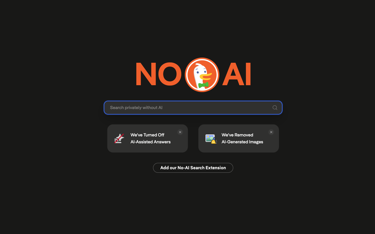 Página de inicio del buscador sin IA de DuckDuckGo en noai.duckduckgo.com